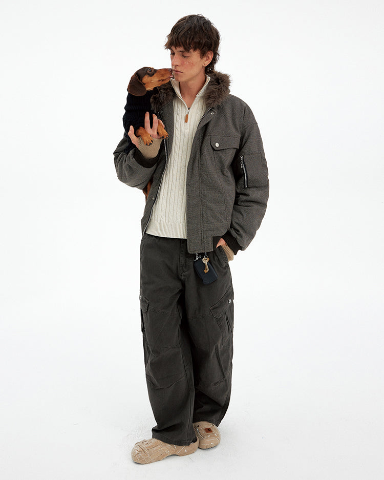 Houndstooth Fur Collar Cotton Jacket