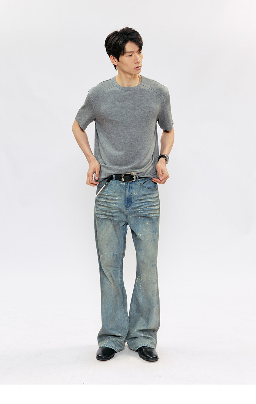 Hand-Painted Splatter-Print Flared Denim Pants