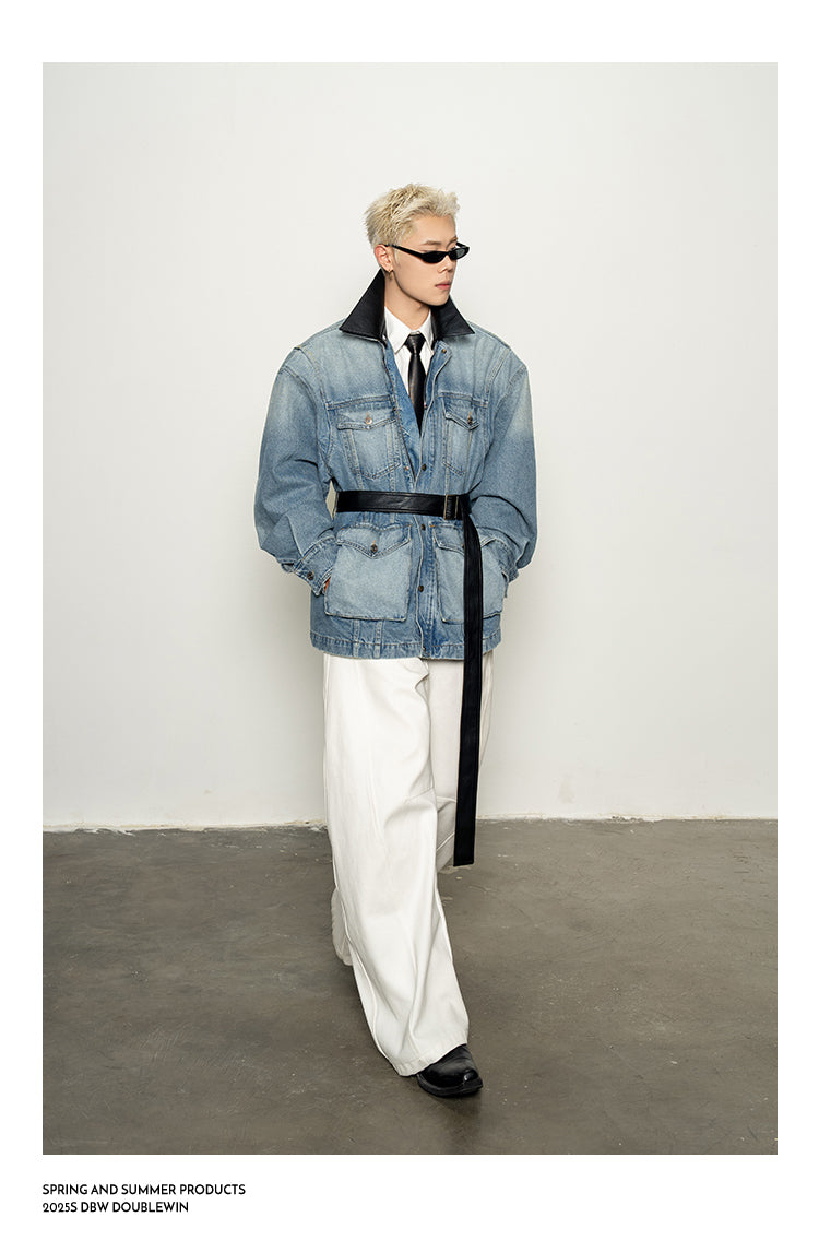 Detachable Leather Collar Denim Jacket