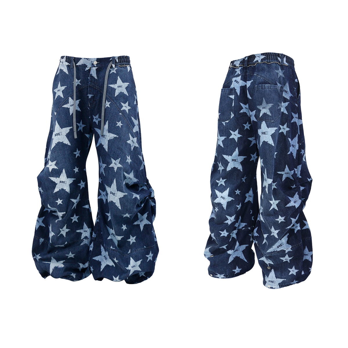 Printed Pleated Workwear Denim Wide-Leg Pants