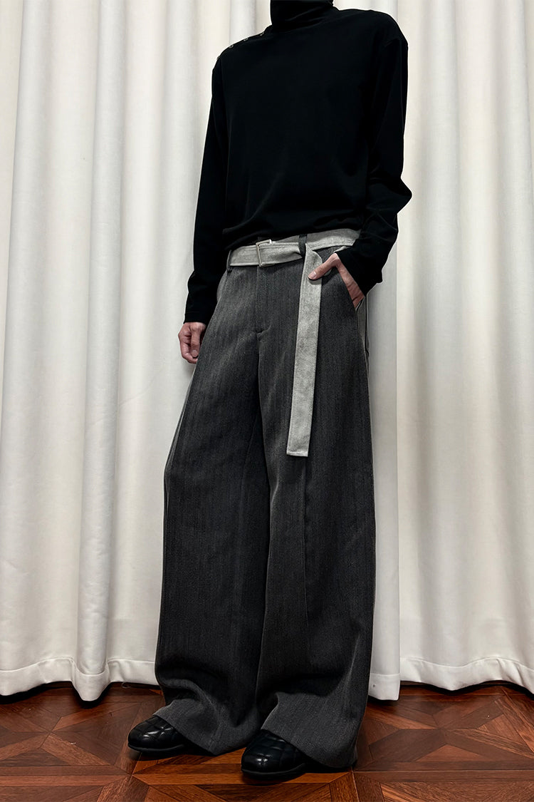 Suede Belt Pleated Casual Pants