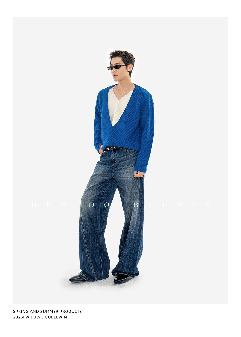 Faux Two-Piece V-Neck Knit Sweater with Shoulder Pads