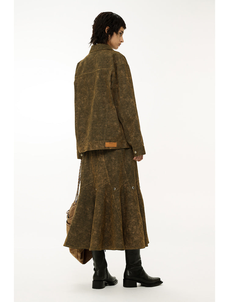 Maillard style distressed denim jacket