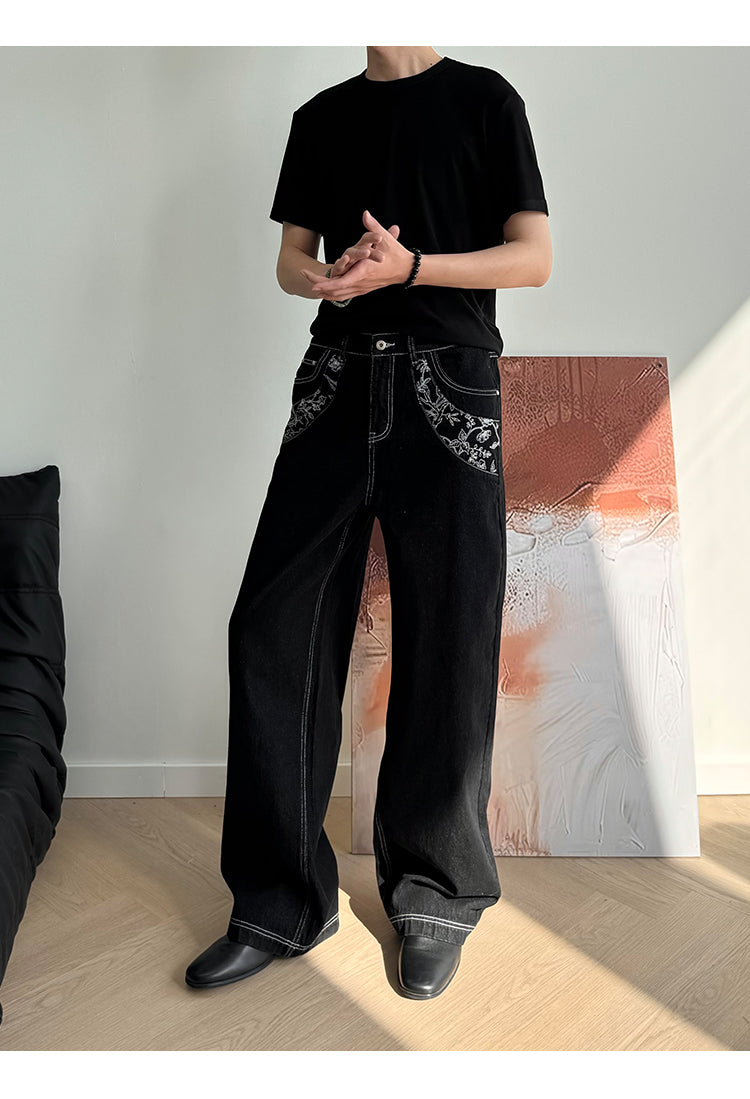Embroidered Casual Loose Denim Pants