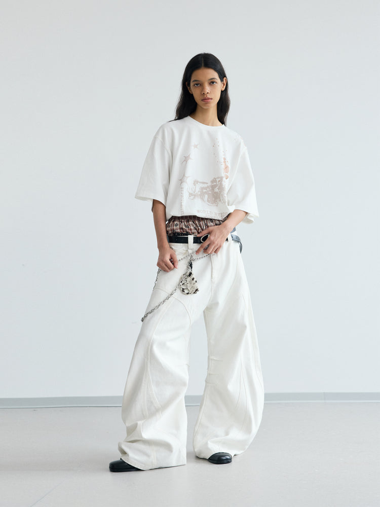 White Pleated Loose Wide Leg Jeans