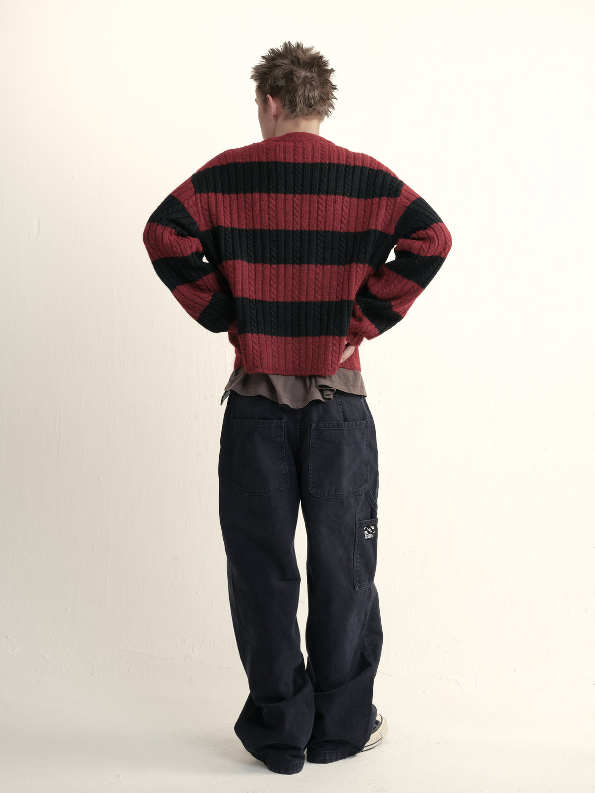 Cable wool striped distressed sweater