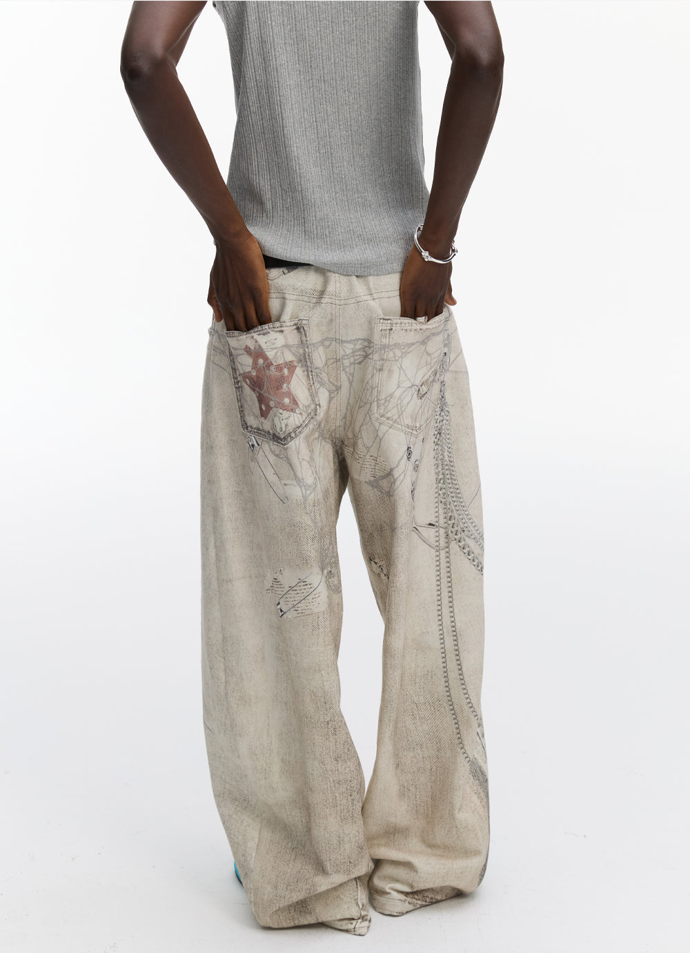 Washed Chain Print Wide Leg Jeans