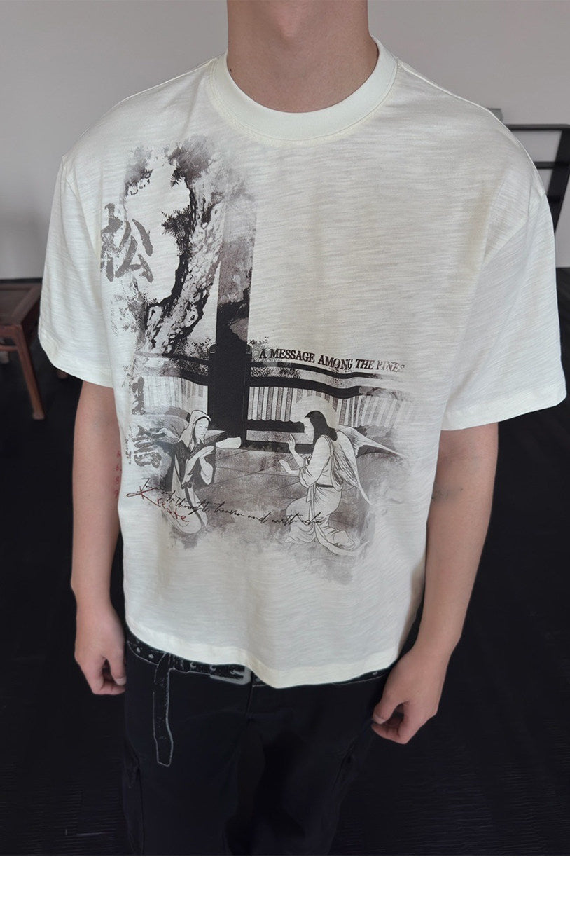 Vintage-style Ink Print Quick-Dry T-Shirt