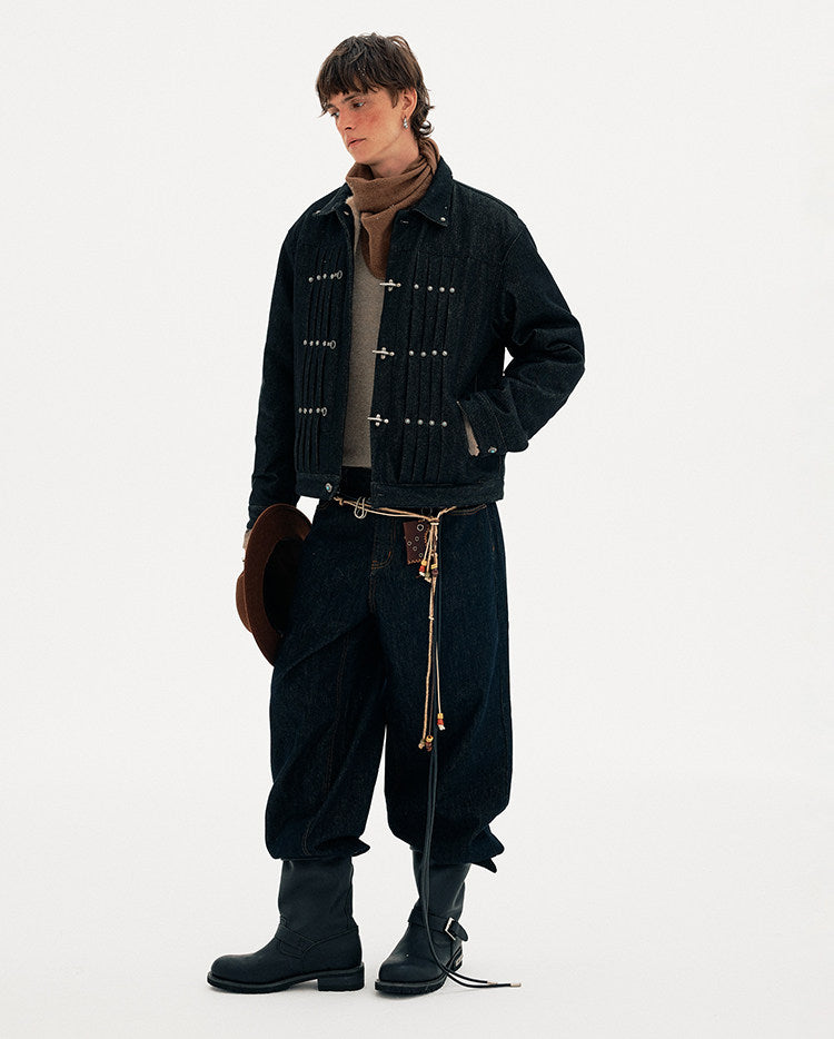 Pleated Airplane Button Denim Jacket