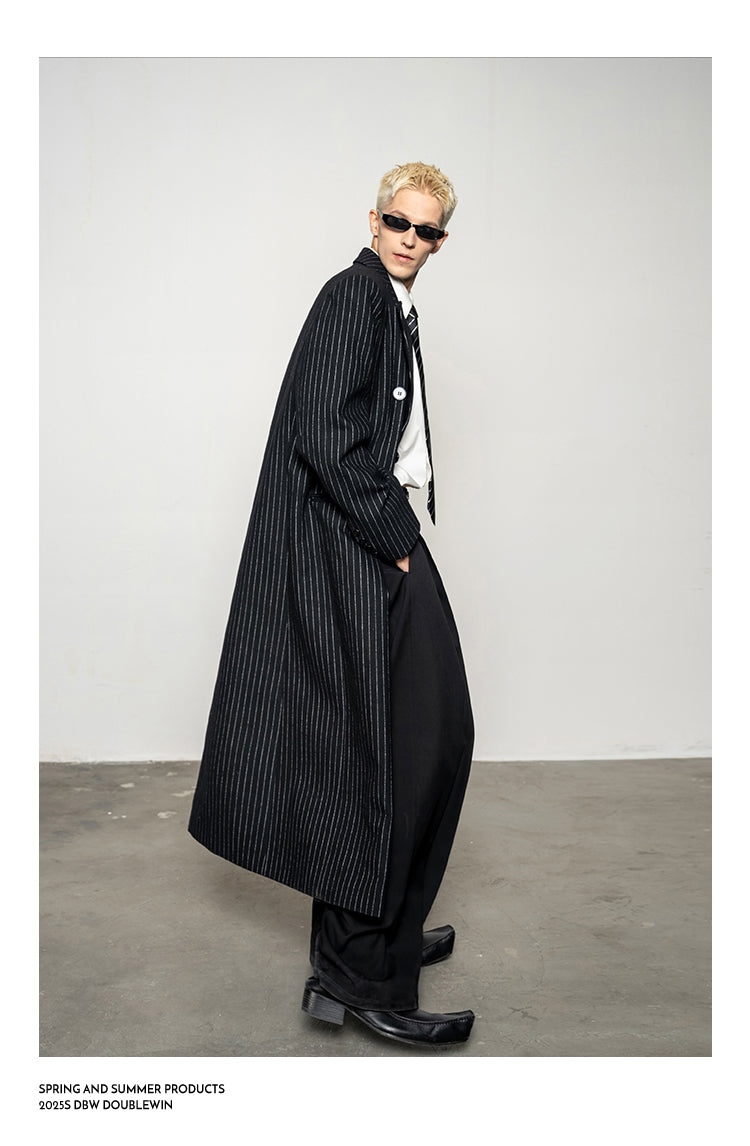 Wool Blend Striped Long Coat