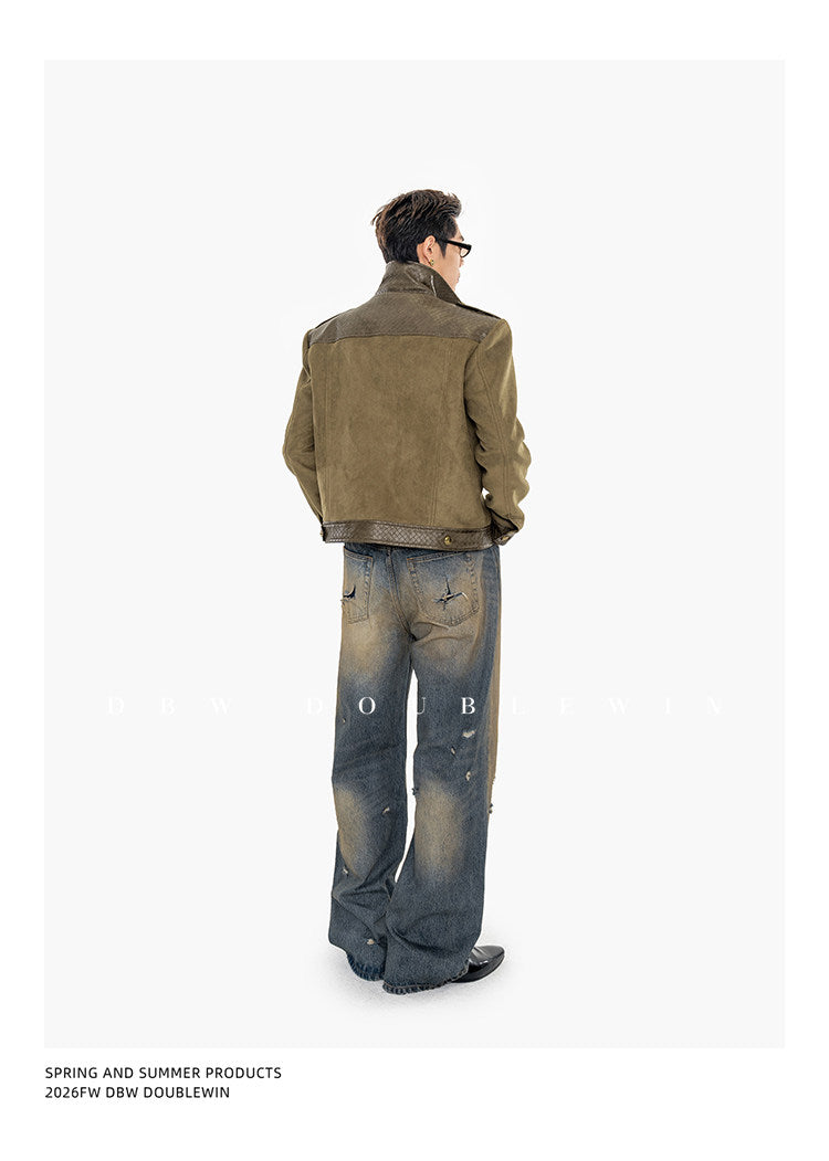 Textured Leather Patchwork Suede Short Jacket