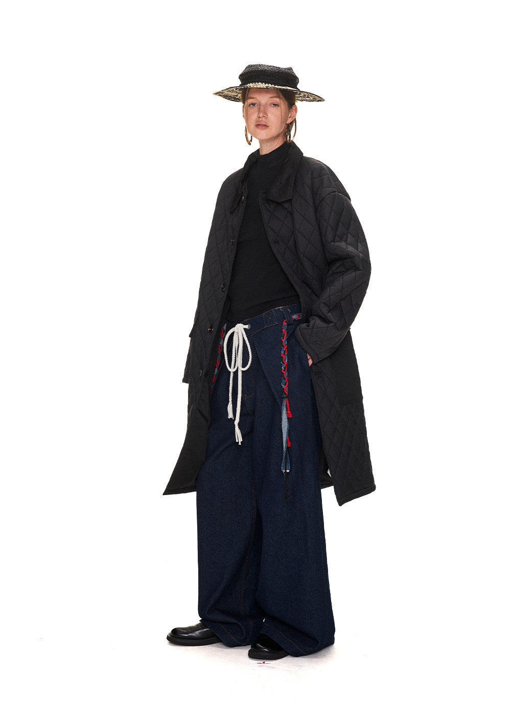 Diamond-patterned coat with lapels