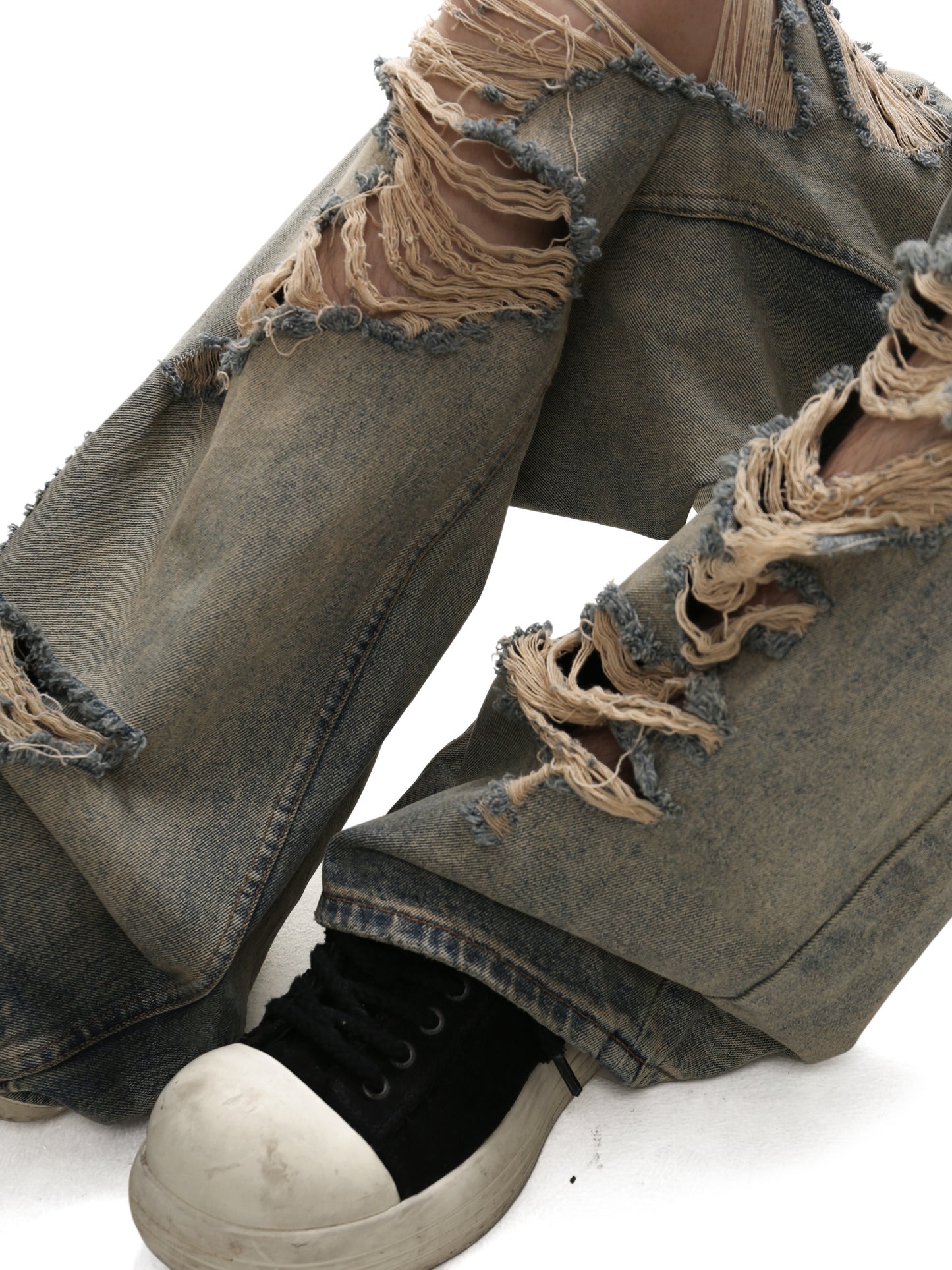 Loose Straight Washed Damaged Denim Pants