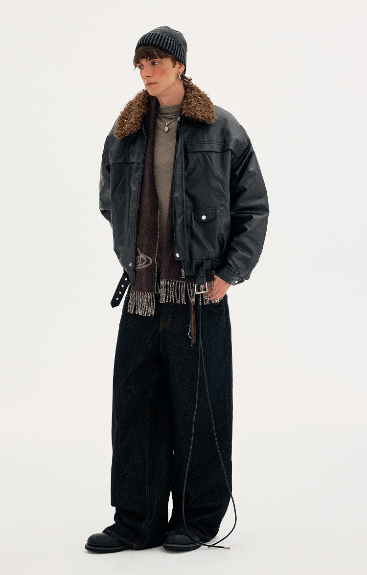 Detachable Fur Collar PU Leather Jacket