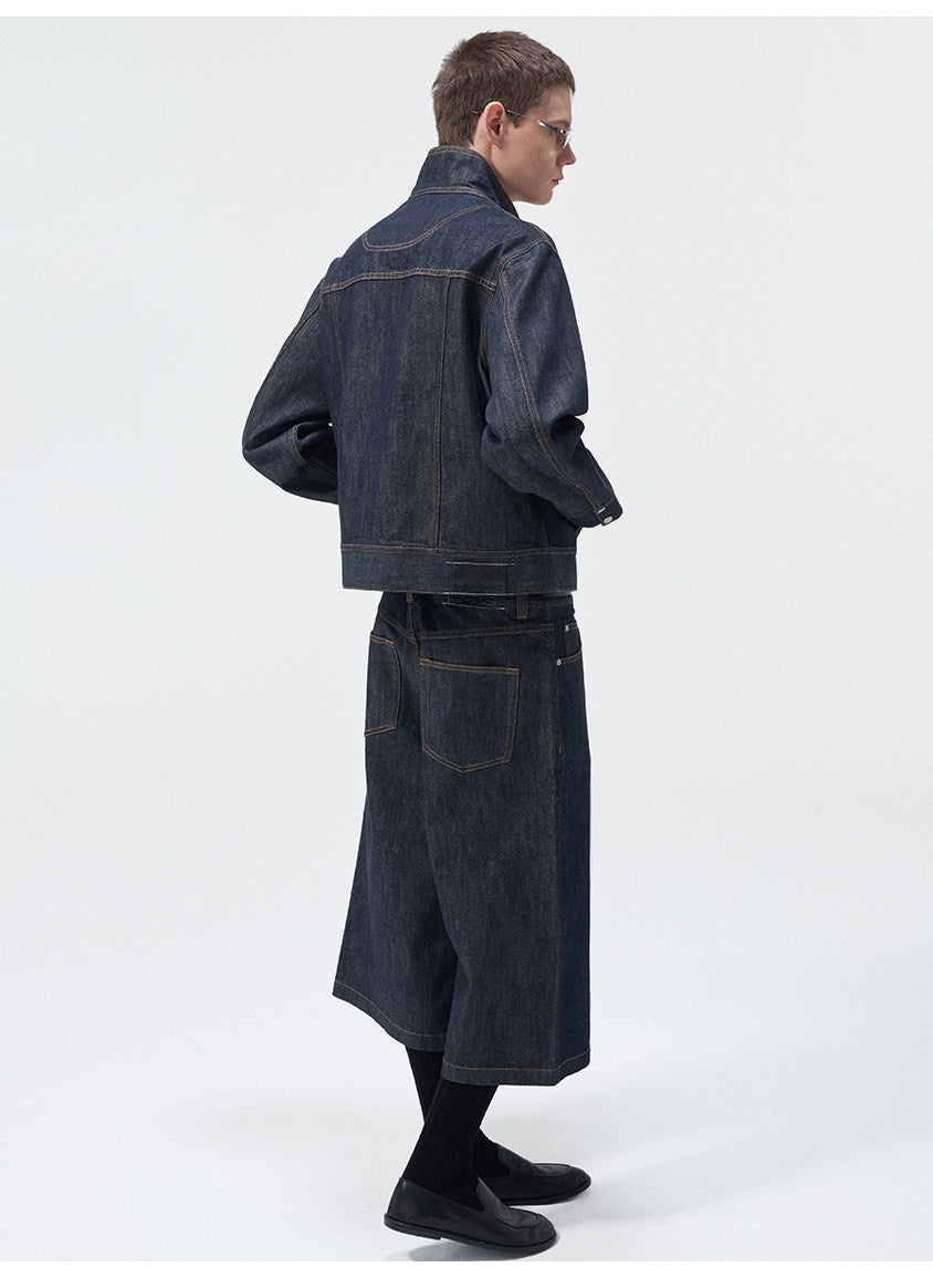 Stand Collar Denim Jacket with Pockets