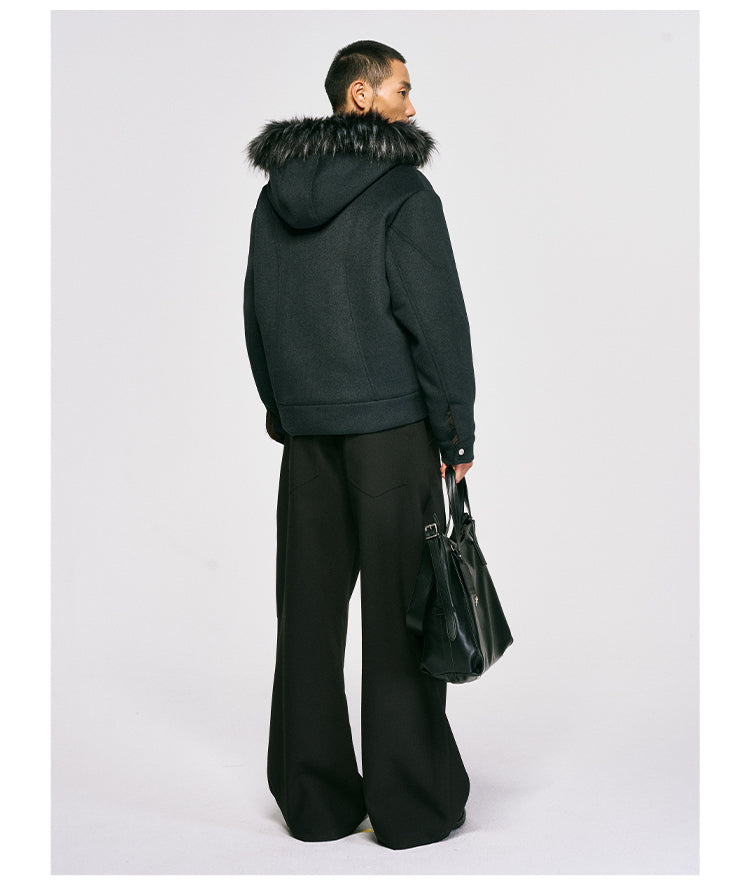 Wool jacket with fur hood