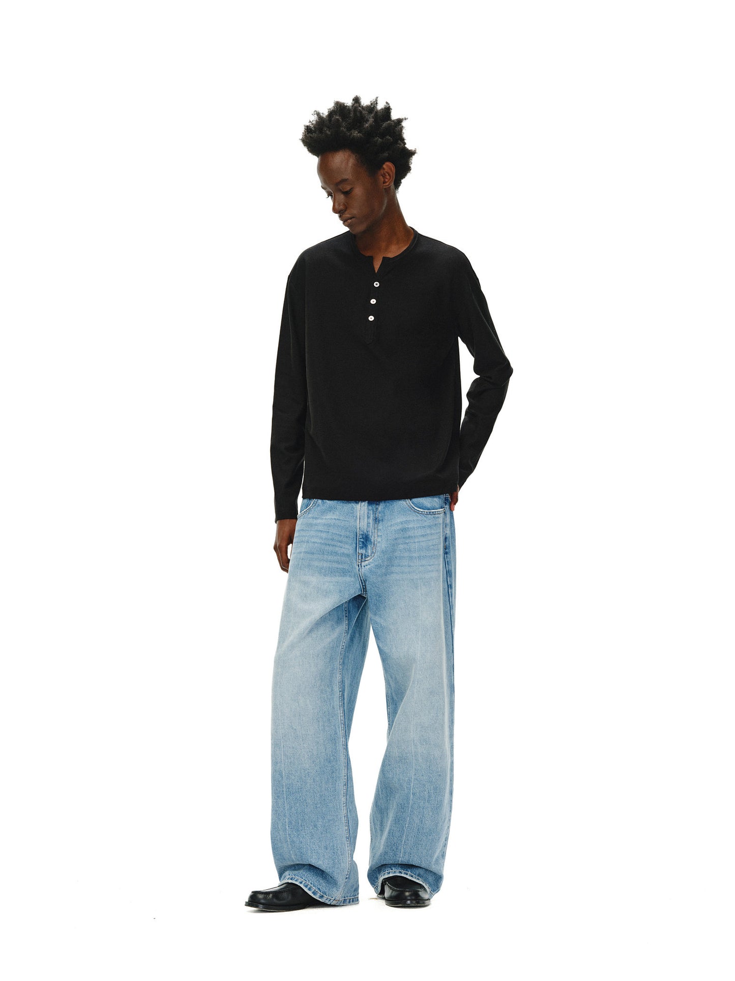 Linen Texture Henry V-Neck T-Shirt