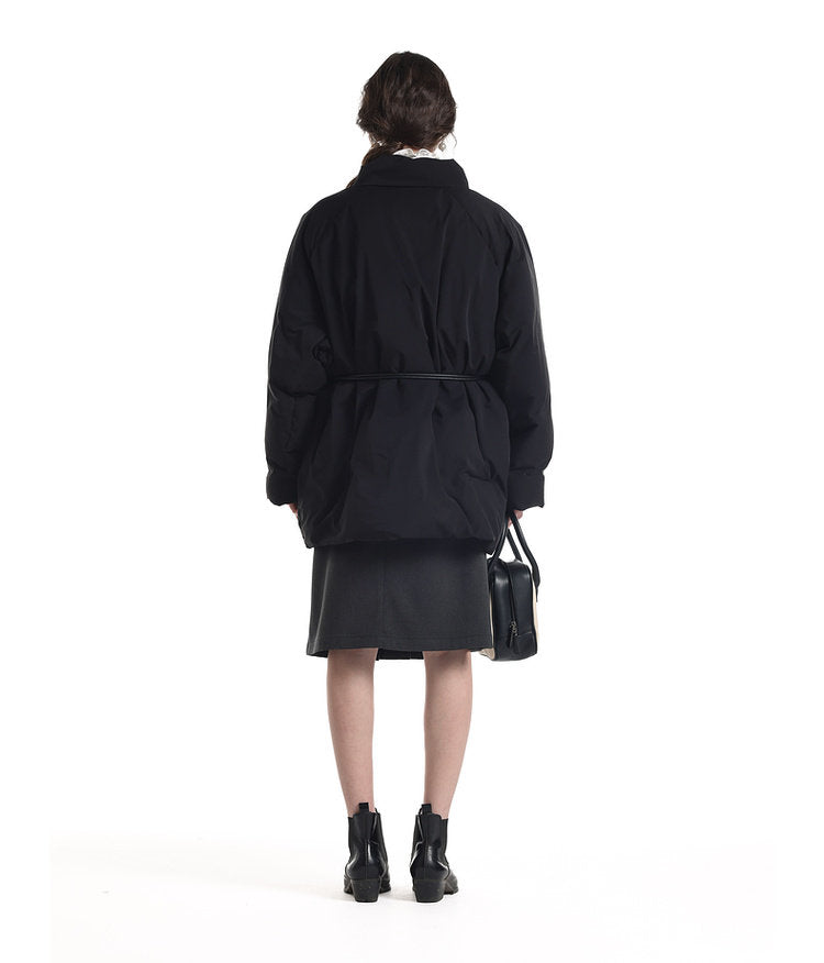 Mid-length down jacket with belt