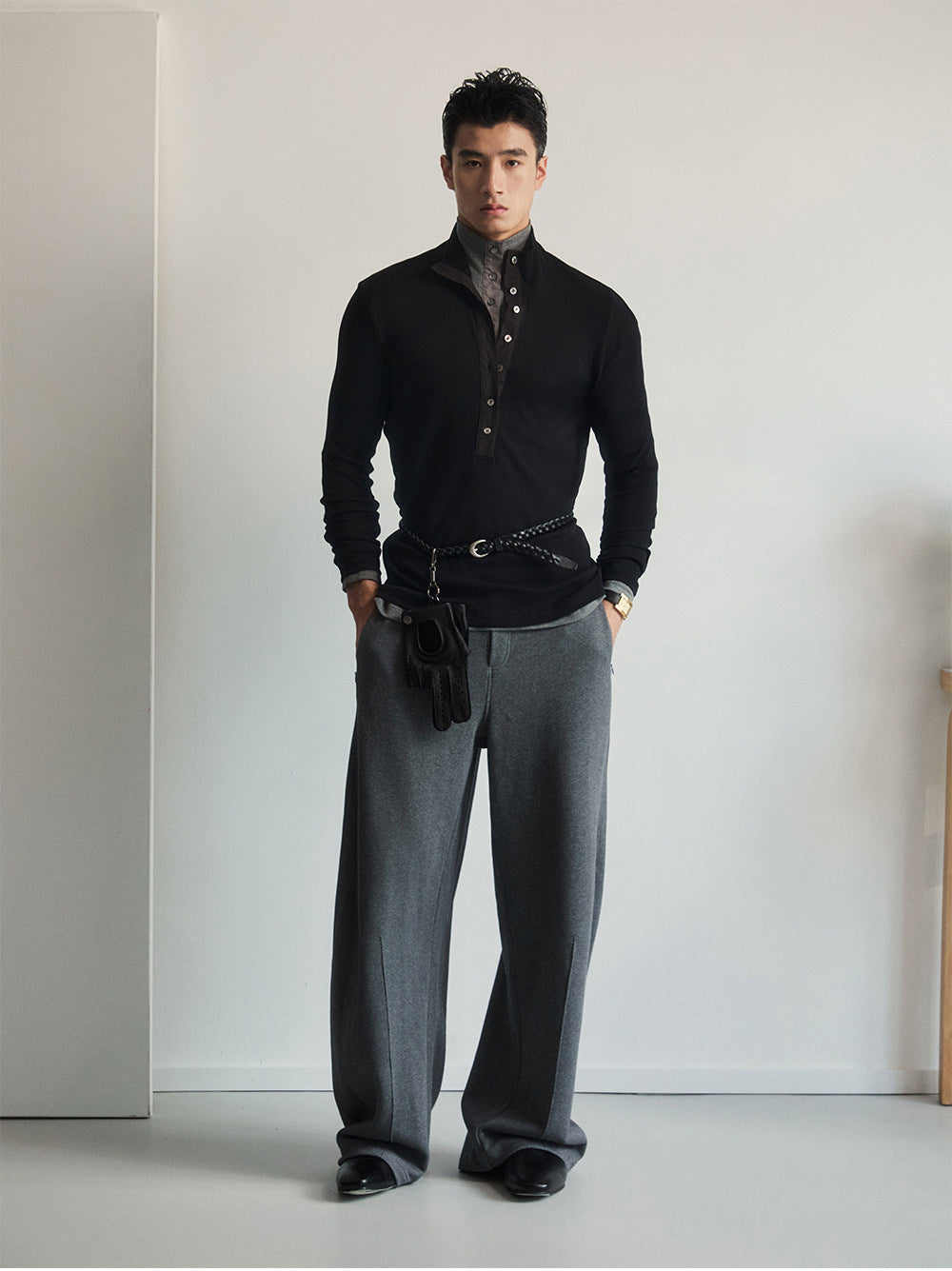 High-Neck Button-Down Shirt