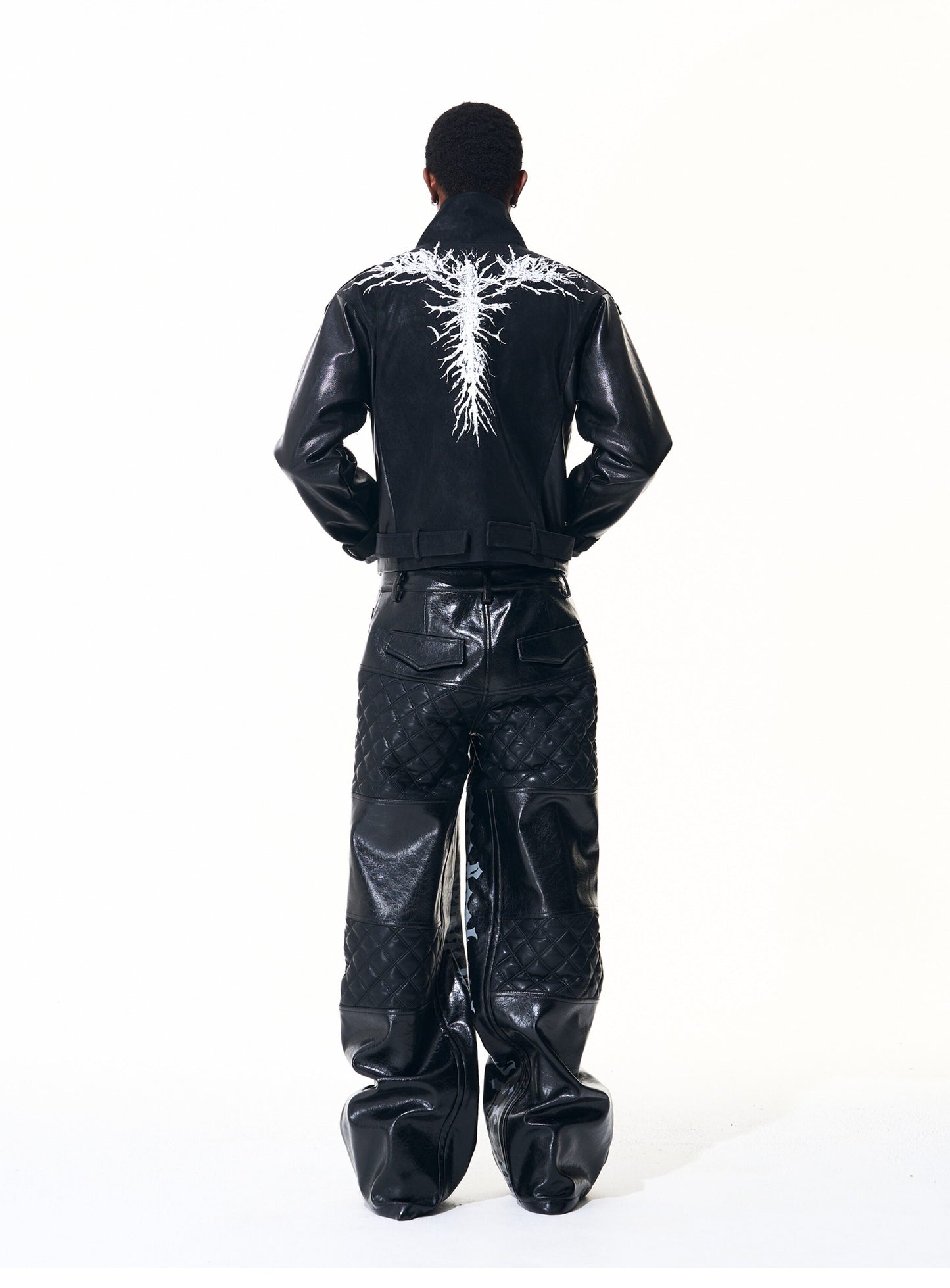 Diamond-pattern coated leather pants