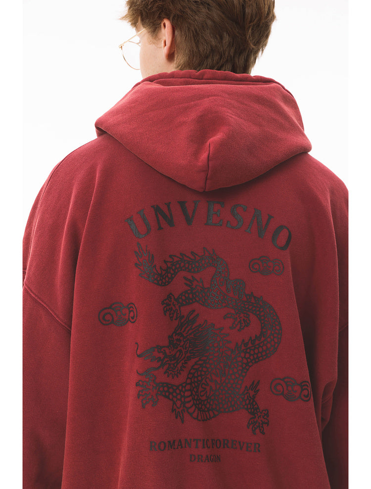 Dragon print velvet hooded sweatshirt