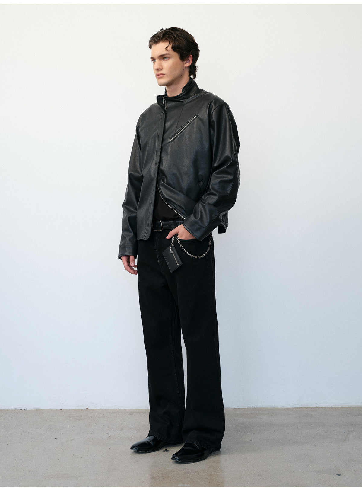 Microfiber-Leather Blend Stand-Collar Jacket