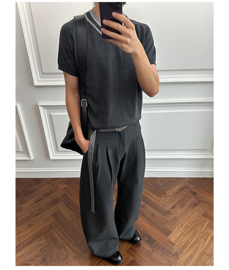 Casual Pants with Double Pleats and Detachable Belt
