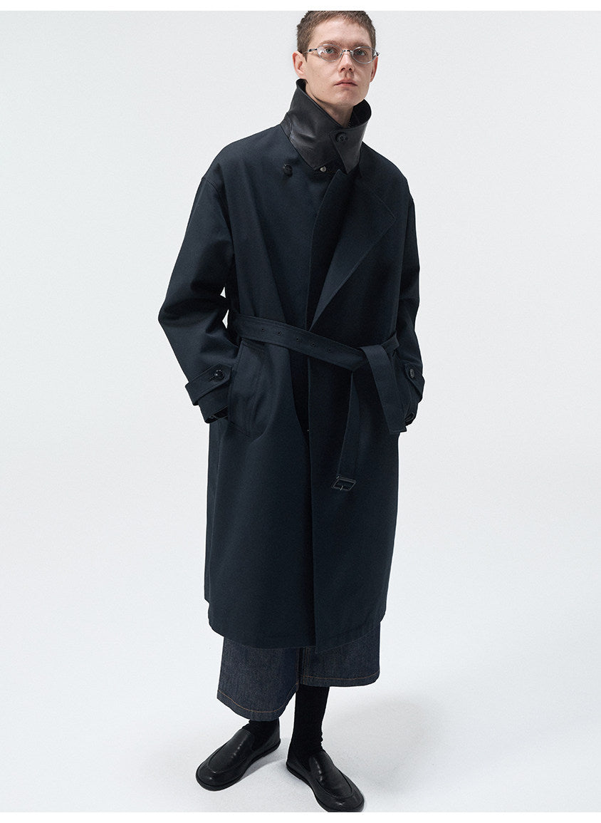 Cotton & Leather Trim Trench Coat