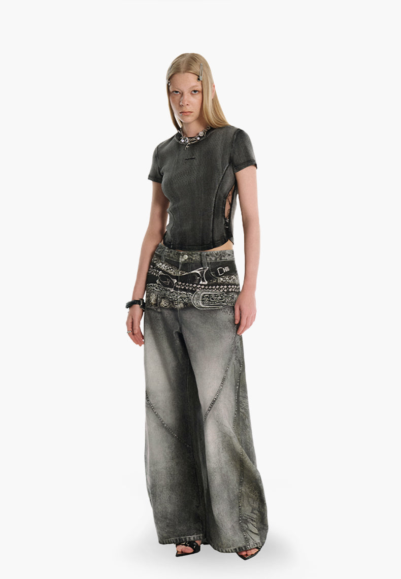 Belt print denim pants