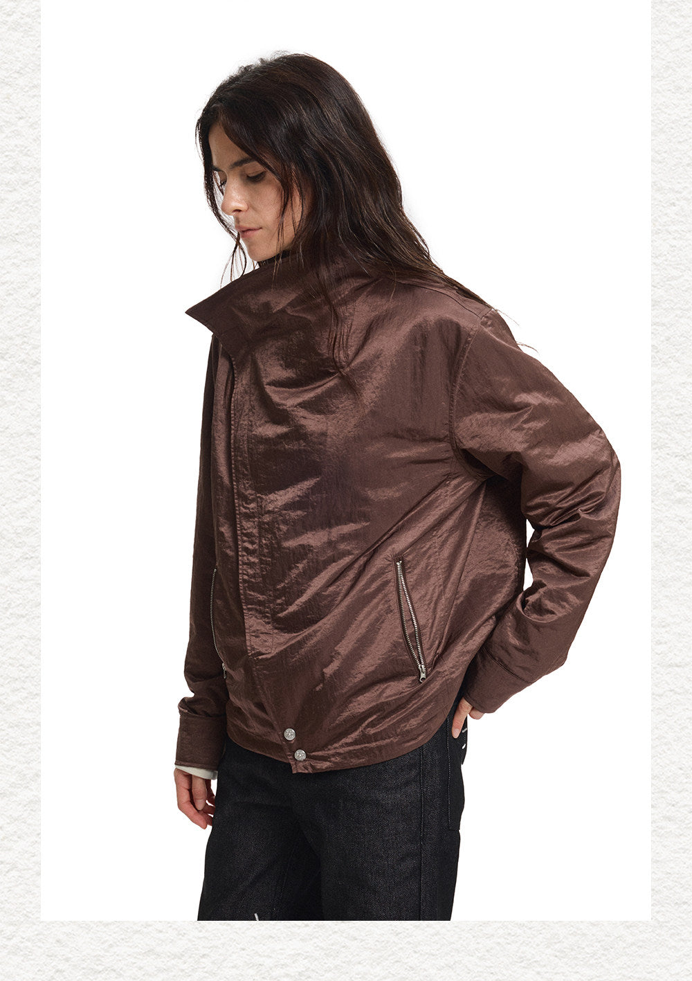 Cross-Button Diagonal Placket Stand-Collar Jacket