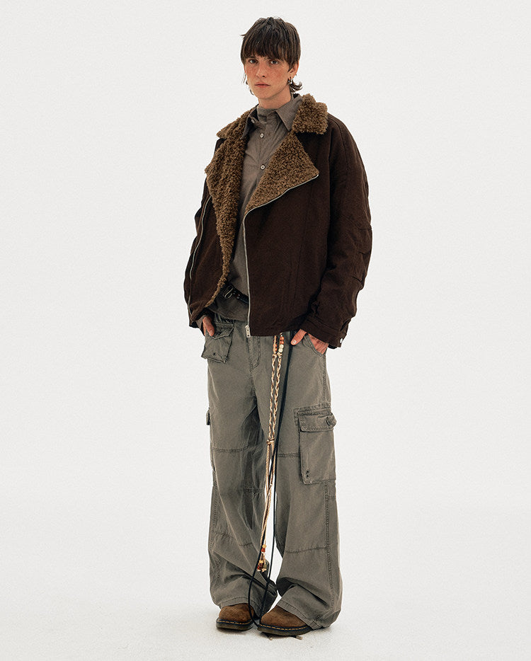 Diagonal Zipper Lambswool Collar Cotton Jacket