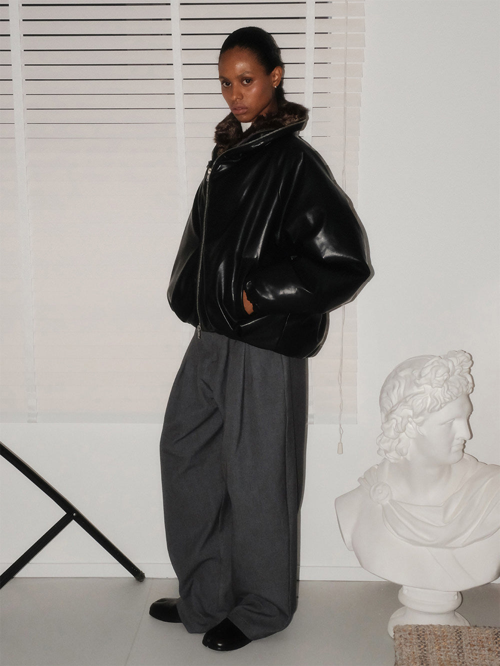 Cropped Waist Leather Jacket