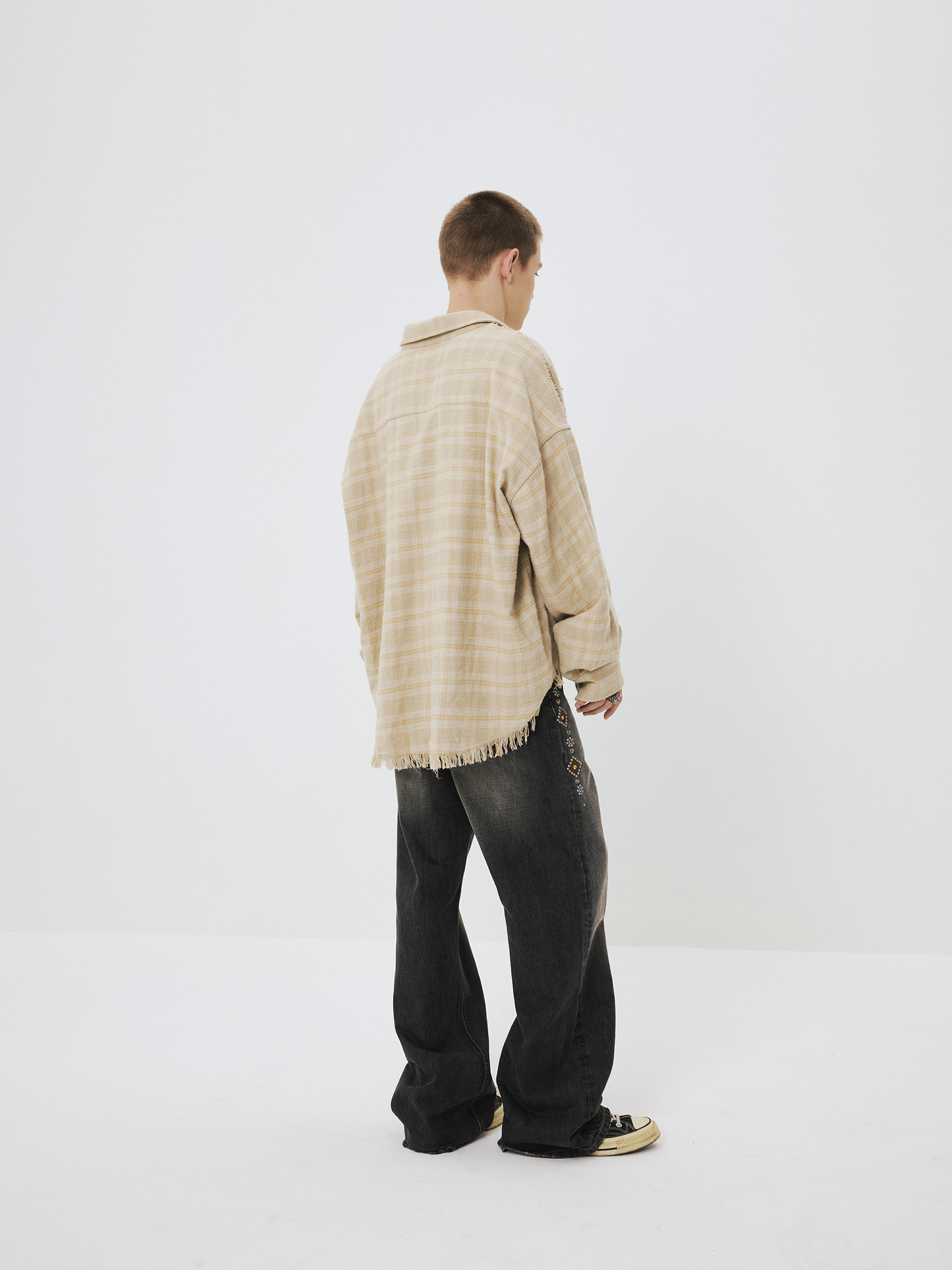 Oversized Patchwork Check Shirt with Studs