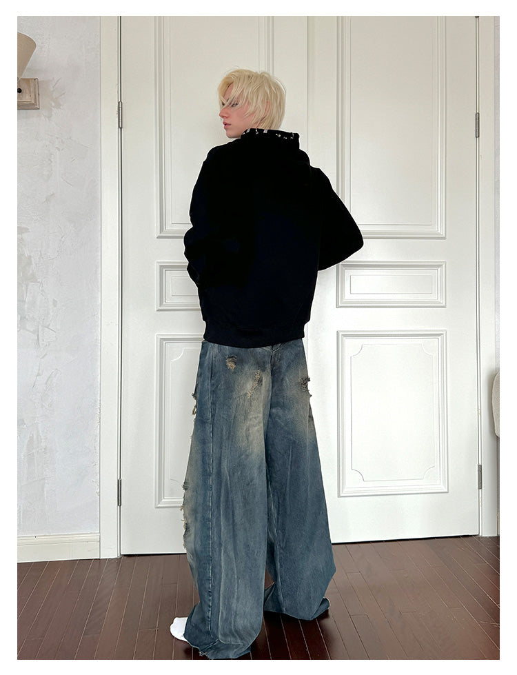 Unisex Damaged Double Layer Jeans