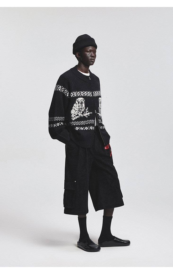 Vintage Animal Jacquard Zipper Cardigan