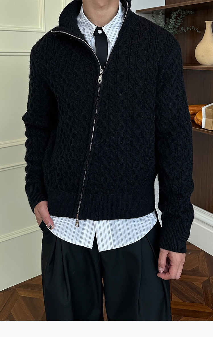 Diagonal Zipper Cable-Knit Cardigan