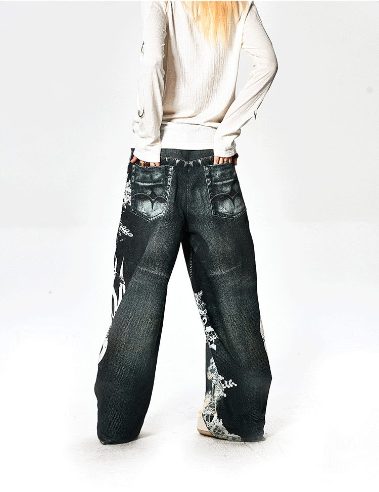 Full Print Loose Retro Jeans