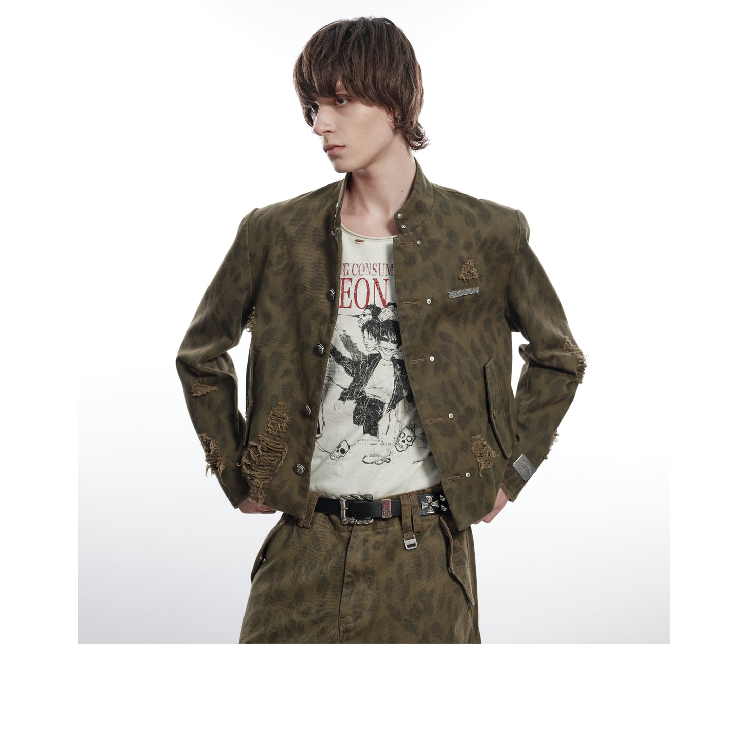 Leopard print stand collar uniform jacket