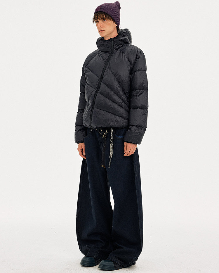 Diagonal Zipper Hooded Lightweight Down Jacket
