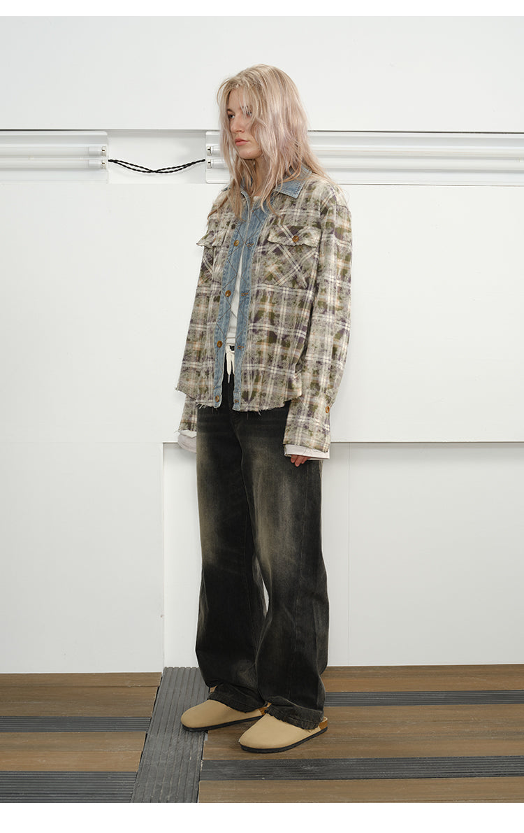 Checked Stitched Placket Denim Shirt