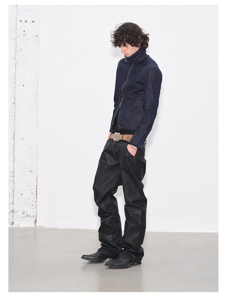 Double Zipper Slim Fit Raw Denim Jacket