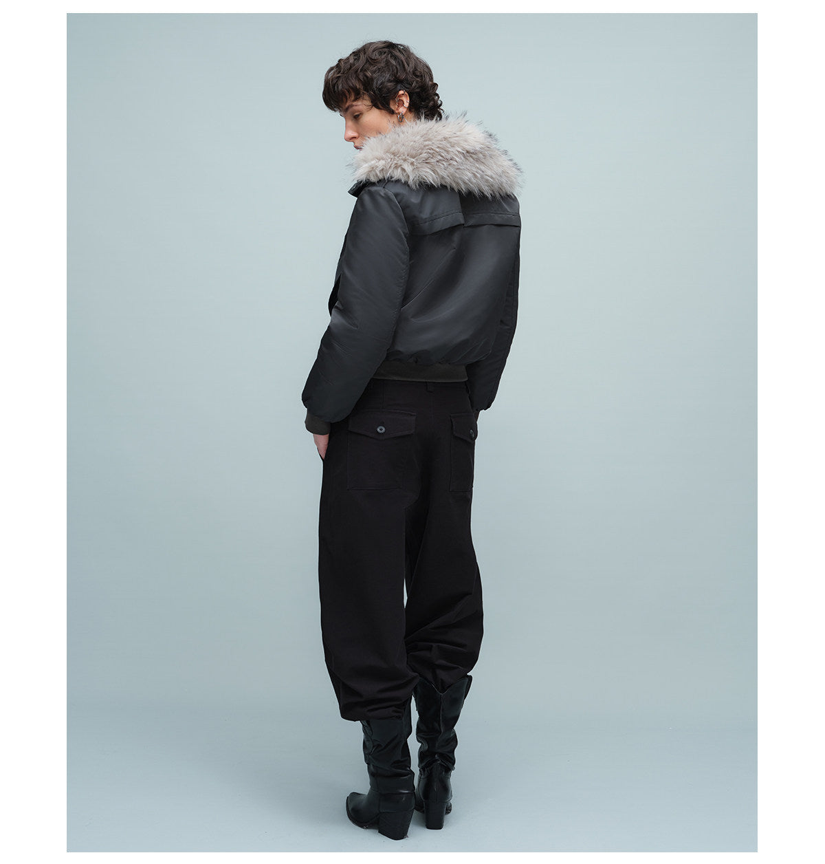 Short Bomber Jacket with Detachable Fur Collar