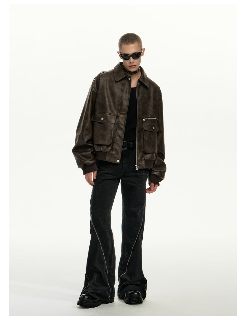 Loose Big Pockets PU Leather Jacket