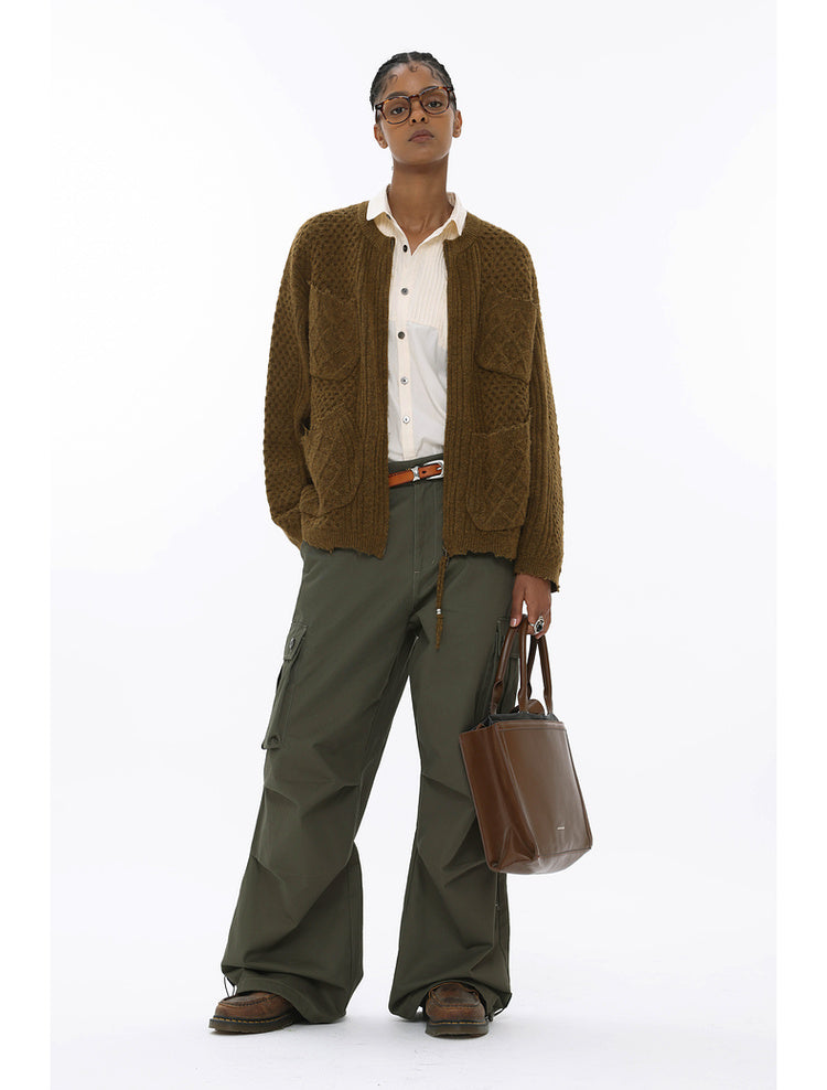 Mohair Knit Double Slider Pocket Twist Cardigan Sweater