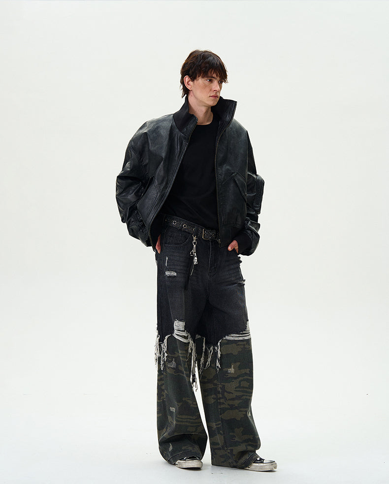 Washed Bomber PU Leather Jacket