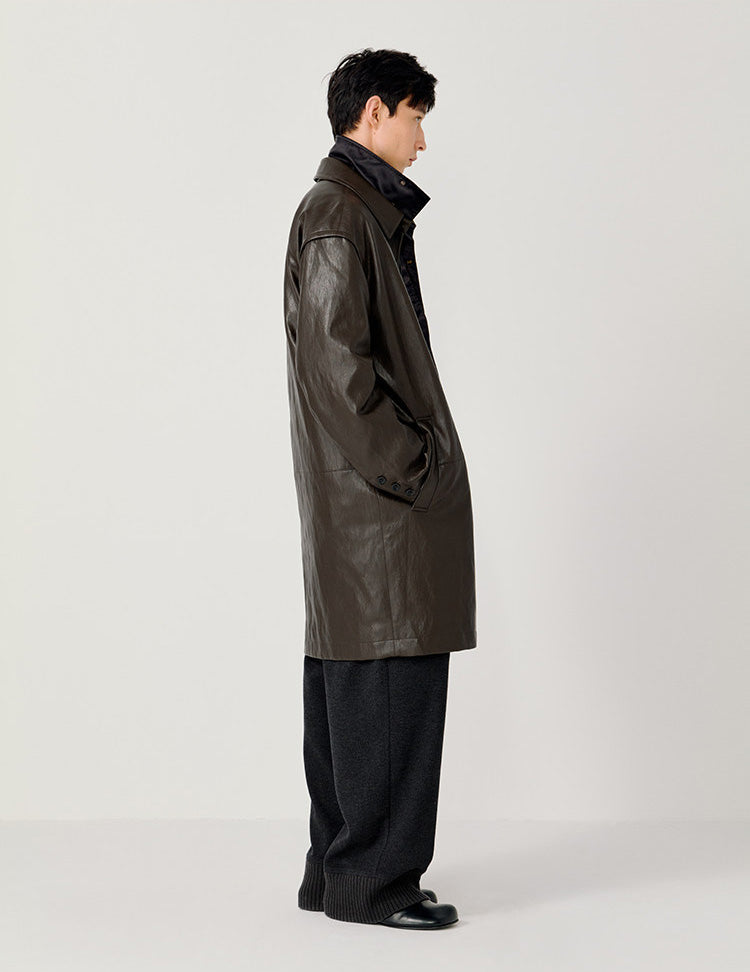 Hidden Front Placket Leather Coat
