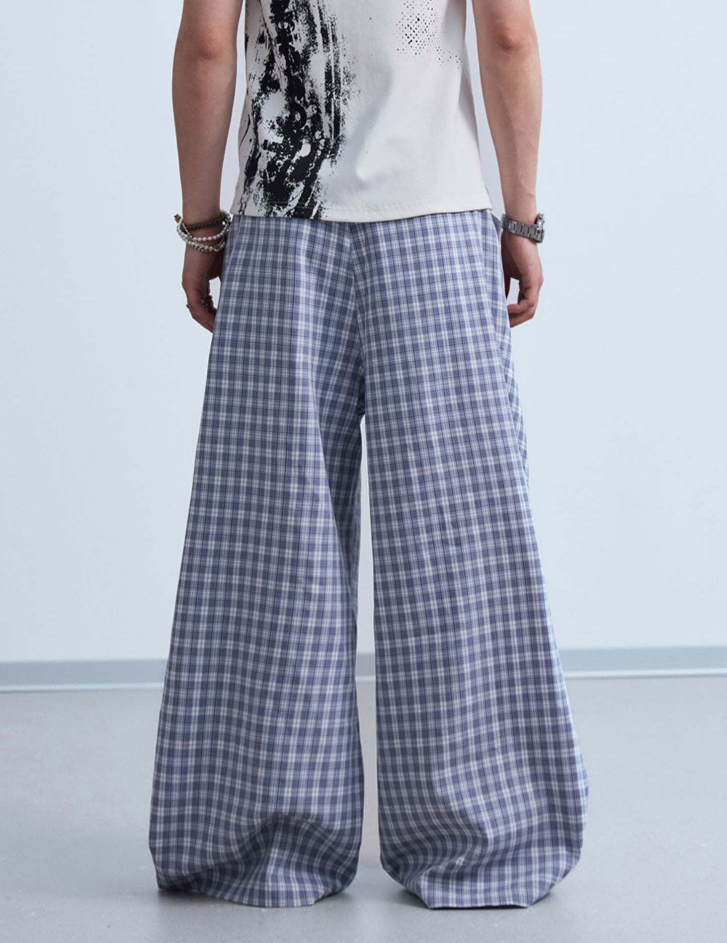 Checked wide-leg casual pants