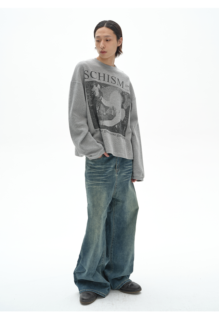 Washed damaged denim pants