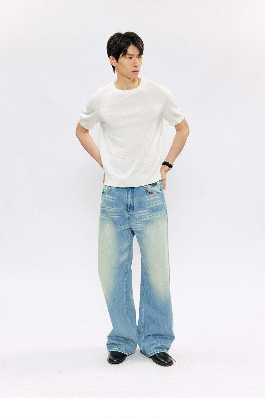 Wide-leg casual jeans with whiskers