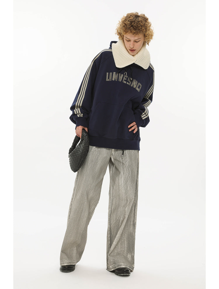 Retro Masking Tape Print Velvet Hooded Sweatshirt